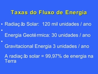 Taxas do Fluxo de Energia Radiação Solar:  120 mil unidades / ano Energia Geotérmica: 30 unidades / ano Gravitacional Energia 3 unidades / ano A radiação solar = 99,97% de energia na Terra 