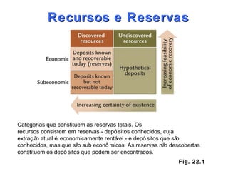 Fig. 22.1 Recursos e Reservas Categorias que constituem as reservas totais. Os recursos consistem em reservas - depósitos conhecidos, cuja extração atual é economicamente rentável - e depósitos que são conhecidos, mas que são sub econômicos. As reservas não descobertas constituem os depósitos que podem ser encontrados. 
