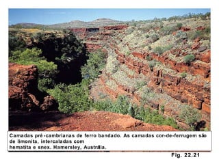 Fig. 22.21 Camadas pré-cambrianas de ferro bandado. As camadas cor-de-ferrugem são de limonita, intercaladas com hematita e snex. Hamersley, Austrália. 