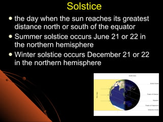 Solstice the day when the sun reaches its greatest distance north or south of the equator Summer solstice occurs June 21 or 22 in the northern hemisphere Winter solstice occurs December 21 or 22 in the northern hemisphere 