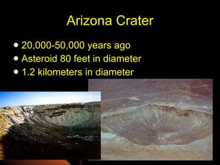 Arizona Crater 20,000-50,000 years ago Asteroid 80 feet in diameter 1.2 kilometers in diameter 