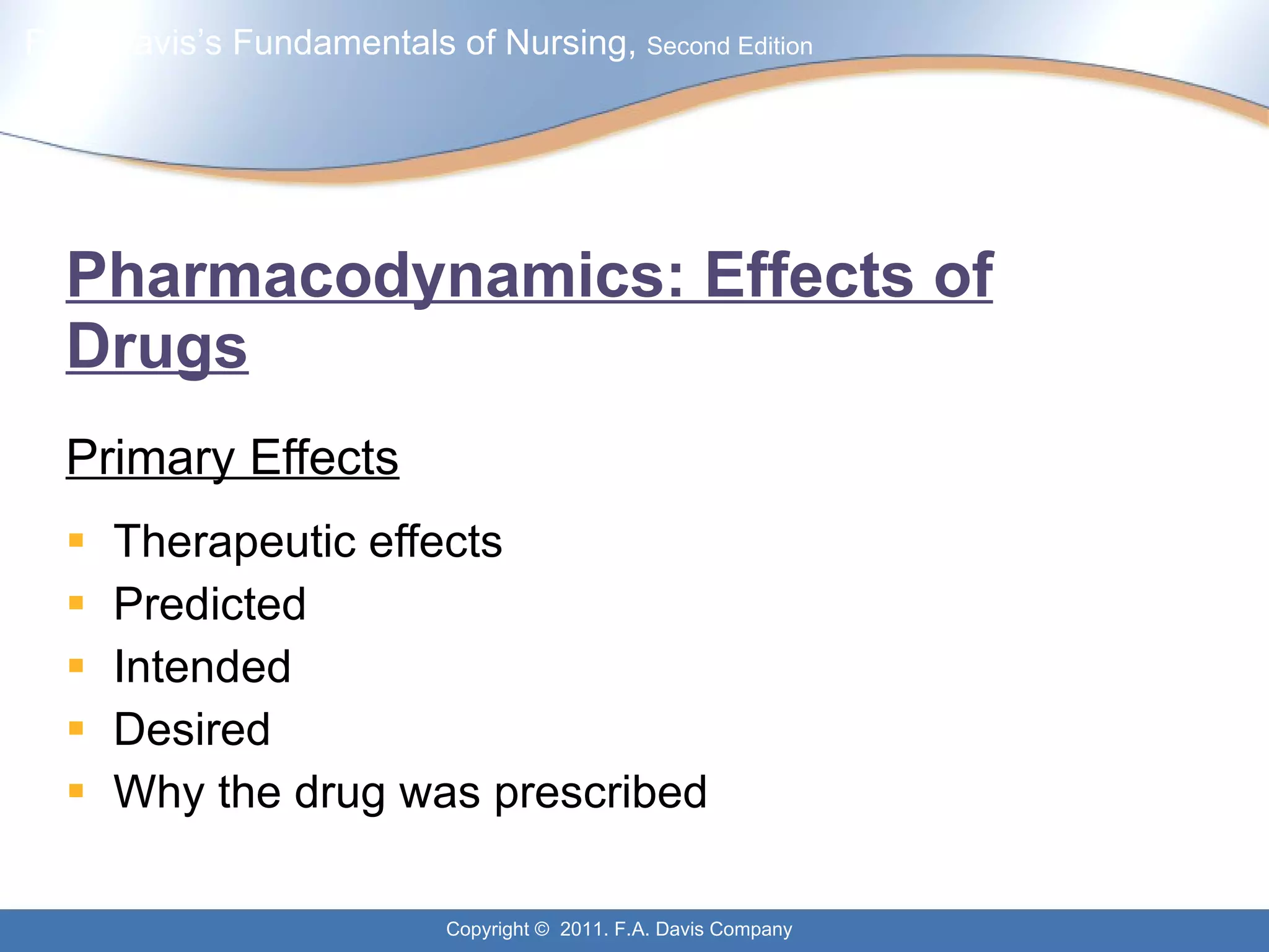 Pharmacodynamics: Effects of Drugs Primary Effects Therapeutic effects Predicted Intended Desired Why the drug was prescribed 