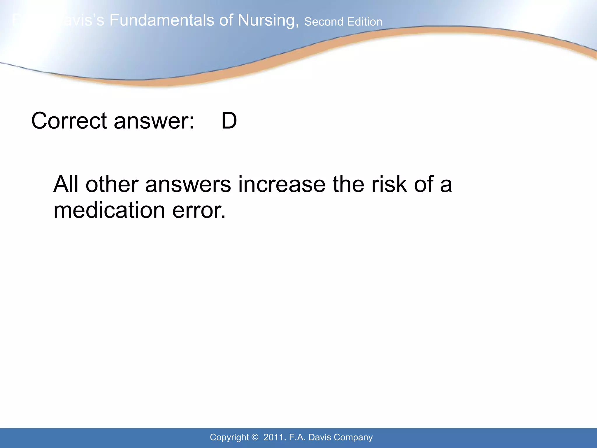 Correct answer:  D All other answers increase the risk of a medication error. 