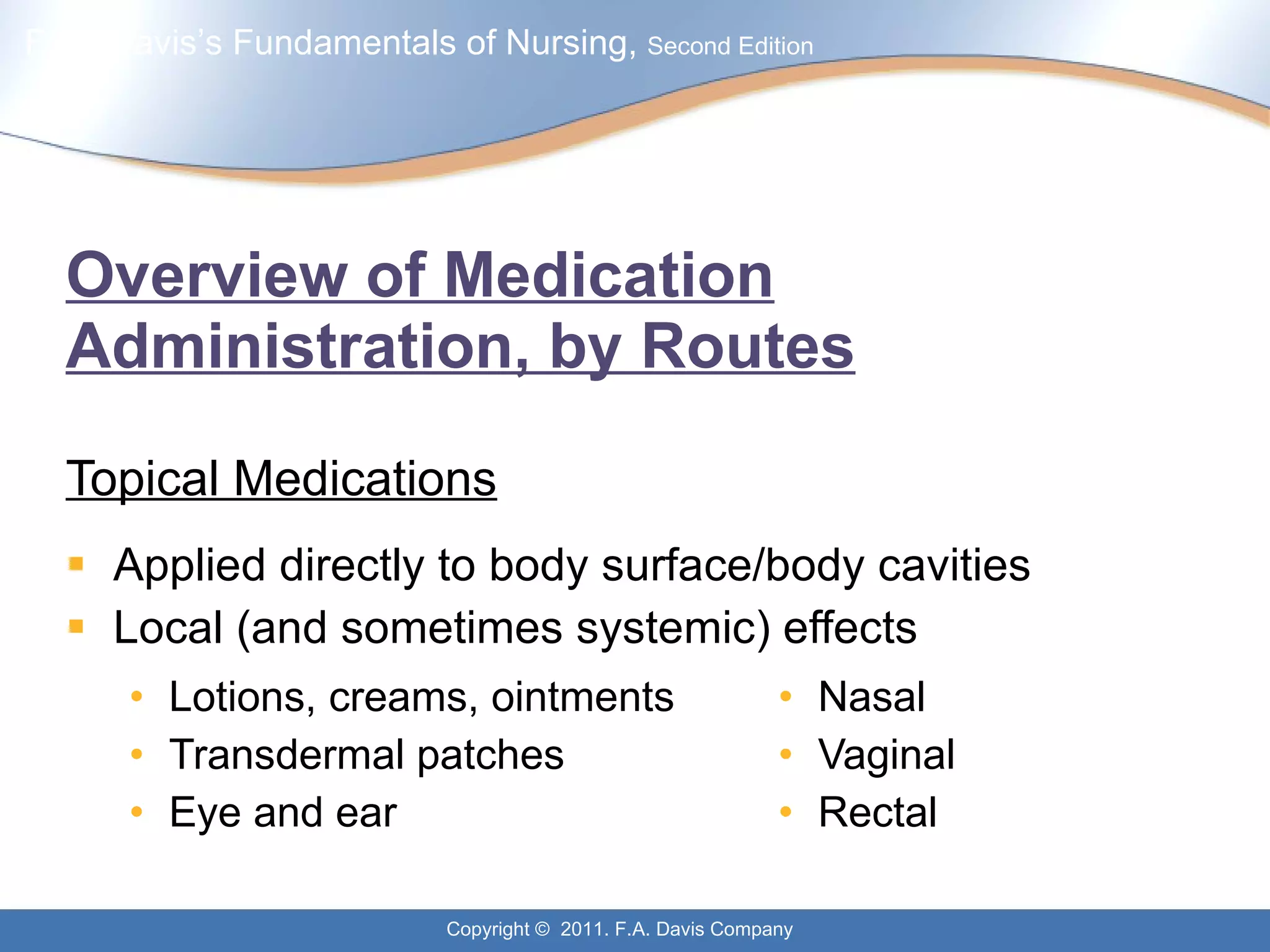 Overview of Medication Administration, by Routes Lotions, creams, ointments Transdermal patches Eye and ear Nasal Vaginal  Rectal Topical Medications Applied directly to body surface/body cavities Local (and sometimes systemic) effects 