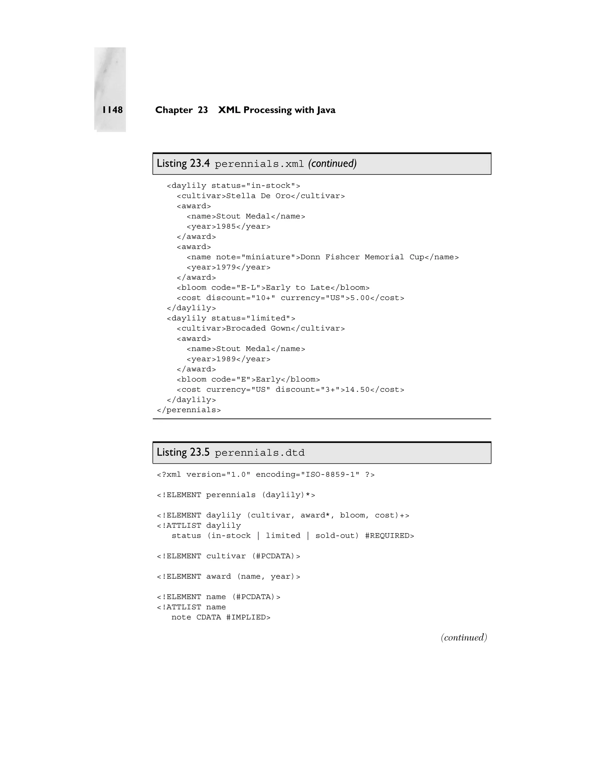 1148   Chapter 23   XML Processing with Java




       Listing 23.4 perennials.xml (continued)
         <daylily status="in-stock">
           <cultivar>Stella De Oro</cultivar>
           <award>
             <name>Stout Medal</name>
             <year>1985</year>
           </award>
           <award>
             <name note="miniature">Donn Fishcer Memorial Cup</name>
             <year>1979</year>
           </award>
           <bloom code="E-L">Early to Late</bloom>
           <cost discount="10+" currency="US">5.00</cost>
         </daylily>
         <daylily status="limited">
           <cultivar>Brocaded Gown</cultivar>
           <award>
             <name>Stout Medal</name>
             <year>1989</year>
           </award>
           <bloom code="E">Early</bloom>
           <cost currency="US" discount="3+">14.50</cost>
         </daylily>
       </perennials>




       Listing 23.5 perennials.dtd
       <?xml version="1.0" encoding="ISO-8859-1" ?>

       <!ELEMENT perennials (daylily)*>

       <!ELEMENT daylily (cultivar, award*, bloom, cost)+>
       <!ATTLIST daylily
          status (in-stock | limited | sold-out) #REQUIRED>

       <!ELEMENT cultivar (#PCDATA)>

       <!ELEMENT award (name, year)>

       <!ELEMENT name (#PCDATA)>
       <!ATTLIST name
          note CDATA #IMPLIED>

                                                                (continued)
 