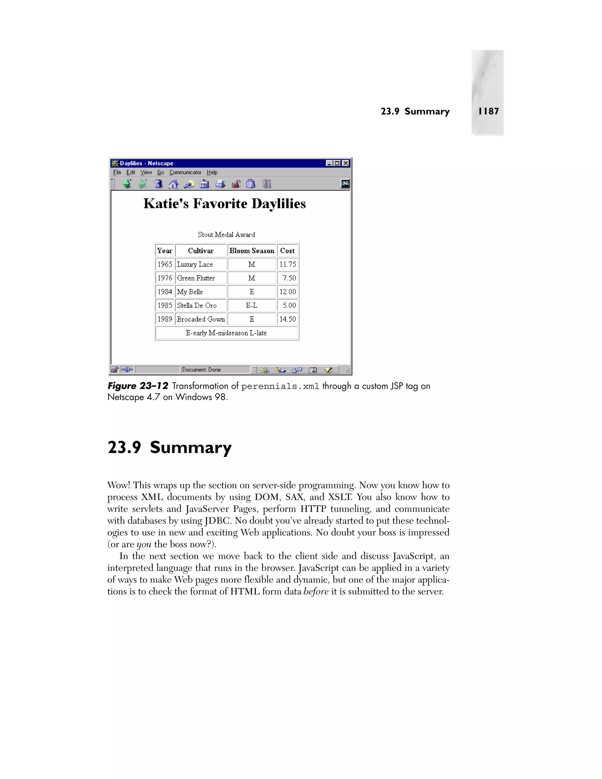 23.9 Summary         1187




Figure 23–12 Transformation of perennials.xml through a custom JSP tag on
Netscape 4.7 on Windows 98.




23.9 Summary
Wow! This wraps up the section on server-side programming. Now you know how to
process XML documents by using DOM, SAX, and XSLT. You also know how to
write servlets and JavaServer Pages, perform HTTP tunneling, and communicate
with databases by using JDBC. No doubt you’ve already started to put these technol-
ogies to use in new and exciting Web applications. No doubt your boss is impressed
(or are you the boss now?).
   In the next section we move back to the client side and discuss JavaScript, an
interpreted language that runs in the browser. JavaScript can be applied in a variety
of ways to make Web pages more flexible and dynamic, but one of the major applica-
tions is to check the format of HTML form data before it is submitted to the server.
 