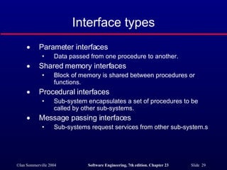 Interface types Parameter interfaces Data passed from one procedure to another. Shared memory interfaces Block of memory is shared between procedures or functions. Procedural interfaces Sub-system encapsulates a set of procedures to be called by other sub-systems. Message passing interfaces Sub-systems request services from other sub-system.s 