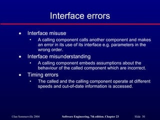 Interface errors Interface misuse A calling component calls another component and makes an error in its use of its interface e.g. parameters in the wrong order. Interface misunderstanding A calling component embeds assumptions about the behaviour of the called component which are incorrect. Timing errors The called and the calling component operate at different speeds and out-of-date information is accessed. 
