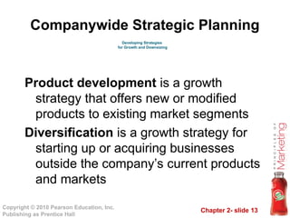Chapter 2- slide 13
Copyright © 2010 Pearson Education, Inc.
Publishing as Prentice Hall
Companywide Strategic Planning
Product development is a growth
strategy that offers new or modified
products to existing market segments
Diversification is a growth strategy for
starting up or acquiring businesses
outside the company’s current products
and markets
Developing Strategies
for Growth and Downsizing
 
