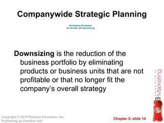 Chapter 2- slide 14
Copyright © 2010 Pearson Education, Inc.
Publishing as Prentice Hall
Companywide Strategic Planning
Downsizing is the reduction of the
business portfolio by eliminating
products or business units that are not
profitable or that no longer fit the
company’s overall strategy
Developing Strategies
for Growth and Downsizing
 