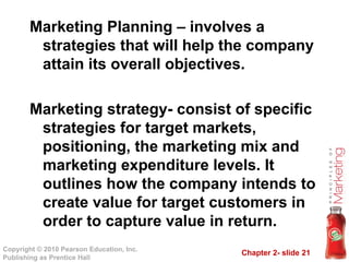 Chapter 2- slide 21
Copyright © 2010 Pearson Education, Inc.
Publishing as Prentice Hall
Marketing Planning – involves a
strategies that will help the company
attain its overall objectives.
Marketing strategy- consist of specific
strategies for target markets,
positioning, the marketing mix and
marketing expenditure levels. It
outlines how the company intends to
create value for target customers in
order to capture value in return.
 