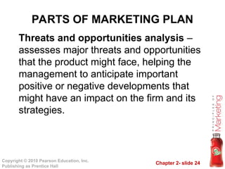 Chapter 2- slide 24
Copyright © 2010 Pearson Education, Inc.
Publishing as Prentice Hall
PARTS OF MARKETING PLAN
Threats and opportunities analysis –
assesses major threats and opportunities
that the product might face, helping the
management to anticipate important
positive or negative developments that
might have an impact on the firm and its
strategies.
 