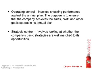Chapter 2- slide 32
Copyright © 2010 Pearson Education, Inc.
Publishing as Prentice Hall
• Operating control – involves checking performance
against the annual plan. The purpose is to ensure
that the company achieves the sales, profit and other
goals set out in its annual plan
• Strategic control – involves looking at whether the
company’s basic strategies are well matched to its
opportunities.
 