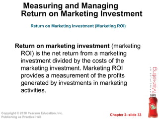 Chapter 2- slide 33
Copyright © 2010 Pearson Education, Inc.
Publishing as Prentice Hall
Measuring and Managing
Return on Marketing Investment
Return on marketing investment (marketing
ROI) is the net return from a marketing
investment divided by the costs of the
marketing investment. Marketing ROI
provides a measurement of the profits
generated by investments in marketing
activities.
Return on Marketing Investment (Marketing ROI)
 