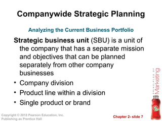 Chapter 2- slide 7
Copyright © 2010 Pearson Education, Inc.
Publishing as Prentice Hall
Companywide Strategic Planning
Strategic business unit (SBU) is a unit of
the company that has a separate mission
and objectives that can be planned
separately from other company
businesses
• Company division
• Product line within a division
• Single product or brand
Analyzing the Current Business Portfolio
 