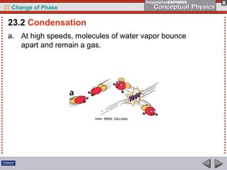 23 Change of Phase

 23.2 Condensation
 a. At high speeds, molecules of water vapor bounce
    apart and remain a gas.
 