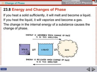 23 Change of Phase

 23.8 Energy and Changes of Phase
 If you heat a solid sufficiently, it will melt and become a liquid.
 If you heat the liquid, it will vaporize and become a gas.
 The change in the internal energy of a substance causes the
 change of phase.
 