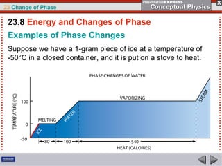 23 Change of Phase

 23.8 Energy and Changes of Phase
 Examples of Phase Changes
 Suppose we have a 1-gram piece of ice at a temperature of
 -50°C in a closed container, and it is put on a stove to heat.
 