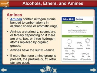 Amines
• Amines contain nitrogen atoms
bonded to carbon atoms in
aliphatic chains or aromatic rings.
SECTION2
3.2
Alcohols, Ethers, and Amines
• If more than one amino group is
present, the prefixes di, tri, tetra,
etc. are used.
• Amines have the suffix –amine.
• Amines are primary, secondary,
or tertiary depending on if there
are one, two, or three hydrogen
atoms replaced by organic
groups.
 