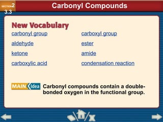 carbonyl group
aldehyde
ketone
carboxylic acid
Carbonyl compounds contain a double-
bonded oxygen in the functional group.
carboxyl group
ester
amide
condensation reaction
SECTION2
3.3
Carbonyl Compounds
 