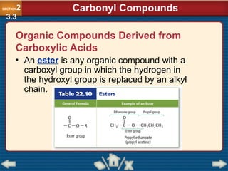 Organic Compounds Derived from
Carboxylic Acids
• An ester is any organic compound with a
carboxyl group in which the hydrogen in
the hydroxyl group is replaced by an alkyl
chain.
SECTION2
3.3
Carbonyl Compounds
 