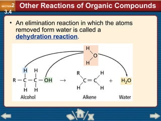 • An elimination reaction in which the atoms
removed form water is called a
dehydration reaction.
Other Reactions of Organic Compounds
SECTION2
3.4
 