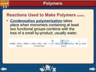 • Condensation polymerization takes
place when monomers containing at least
two functional groups combine with the
loss of a small by-product, usually water.
Polymers
SECTION2
3.5
Reactions Used to Make Polymers (cont.)
 