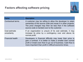 Factors affecting software pricing
Factor Description
Contractual terms A customer may be willing to allow the developer to retain
ownership of the source code and reuse it in other projects.
The price charged may then be less than if the software
source code is handed over to the customer.
Cost estimate
uncertainty
If an organization is unsure of its cost estimate, it may
increase its price by a contingency over and above its
normal profit.
Financial health Developers in financial difficulty may lower their price to
gain a contract. It is better to make a smaller than normal
profit or break even than to go out of business. Cash flow is
more important than profit in difficult economic times.
10/12/2014 Chapter 23 Project Planning 10
 