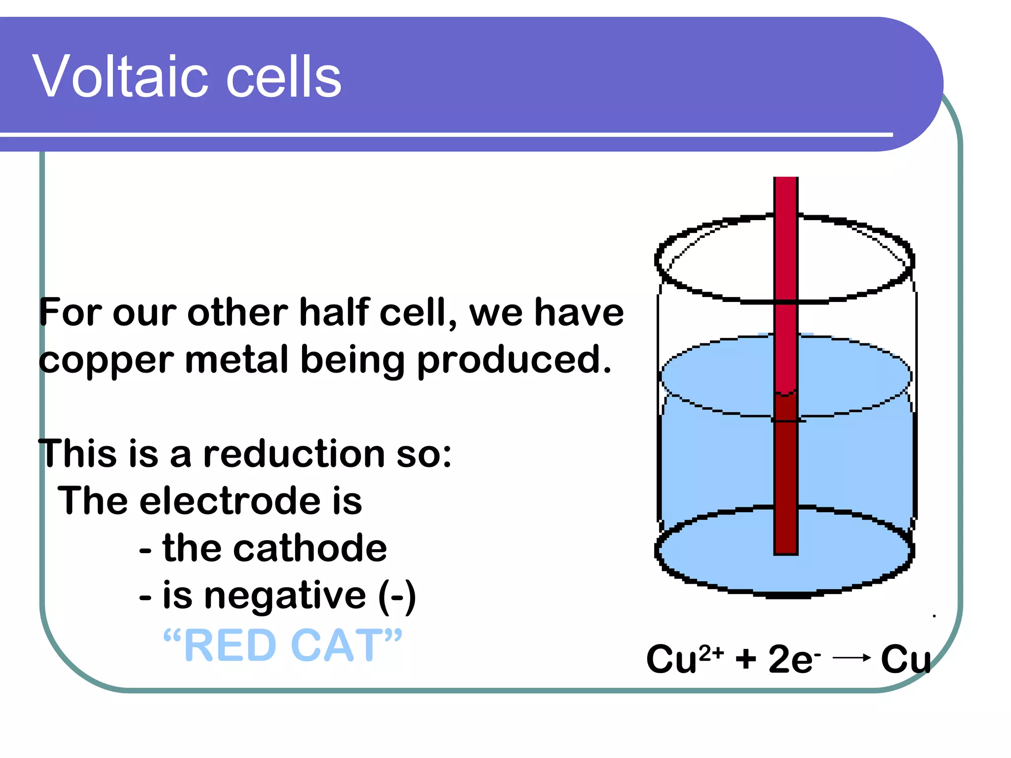 Voltaic cells For our other half cell, we have copper metal being produced. This is a reduction so: The electrode is  - the cathode - is negative (-) “ RED CAT” Cu 2+  + 2e -   Cu 