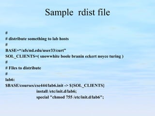 Sample  rdist file # # distribute something to lab hosts # BASE=“/afs/nd.edu/user33/curt” SOL_CLIENTS=( snowwhite boole branin eckert noyce turing ) # # Files to distribute # lab6: $BASE/courses/cse444/lab6.init -> ${SOL_CLIENTS} install /etc/init.d/lab6; special "chmod 755 /etc/init.d/lab6"; 