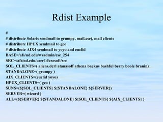 Rdist Example # # distribute Solaris sendmail to grumpy, mail.cse), mail clients # distribute HPUX sendmail to geo # distribute AIX4 sendmail to yoyo and euclid BASE=/afs/nd.edu/wsadmin/cse_254 SRC=/afs/nd.edu/user14/csesoft/src SOL_CLIENTS=( aliens.dcrl atanasoff athena backus bashful berry boole branin) STANDALONE=( grumpy ) AIX_CLIENTS=(euclid yoyo) HPUX_CLIENTS=( geo ) SUNS=(${SOL_CLIENTS} ${STANDALONE} ${SERVER}) SERVER=( wizard ) ALL=(${SERVER} ${STANDALONE} ${SOL_CLIENTS} ${AIX_CLIENTS} ) 