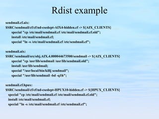 Rdist example sendmail.cf.aix: $SRC/sendmail/cf/cf/nd-csedept-AIX4-hidden.cf -> ${AIX_CLIENTS} special "cp /etc/mail/sendmail.cf /etc/mail/sendmail.cf.old"; install /etc/mail/sendmail.cf; special "ln -s /etc/mail/sendmail.cf /etc/sendmail.cf"; sendmail.aix: $SRC/sendmail/src/obj.AIX.4.000044673500/sendmail -> ${AIX_CLIENTS} special "cp /usr/lib/sendmail /usr/lib/sendmail.old"; install /usr/lib/sendmail; special "/usr/local/bin/killj sendmail"; special "/usr/lib/sendmail -bd -q1h"; sendmail.cf.hpux: $SRC/sendmail/cf/cf/nd-csedept-HPUX10-hidden.cf -> ${HPUX_CLIENTS} special "cp /etc/mail/sendmail.cf /etc/mail/sendmail.cf.old"; install /etc/mail/sendmail.cf; special "ln -s /etc/mail/sendmail.cf /etc/sendmail.cf"; 