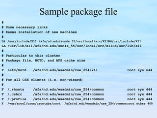 Sample package file # # Some necessary links # Eases installation of new machines # LA /usr/include/X11 /afs/nd.edu/sun4x_55/usr/local/src/X11R6/usr/include/X11 LA /usr/lib/X11 /afs/nd.edu/sun4x_55/usr/local/src/X11R6/usr/lib/X11 # # Particular to this cluster # Package file, MOTD, and AFS cache size # F /etc/motd /afs/nd.edu/wsadmin/cse_254/211 root sys 644 # # For all CSE clients (i.e. non-wizard) # F /.rhosts /afs/nd.edu/wsadmin/cse_254/common root sys 444 F /.cshrc /afs/nd.edu/wsadmin/cse_254/common root sys 444 F /.profile /afs/nd.edu/wsadmin/cse_254/common root sys 444 F /var/spool/cron/crontabs/root  /afs/nd.edu/wsadmin/cse_254/common root other 400 