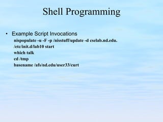 Shell Programming Example Script Invocations nispopulate -u -F -p /nisstuff/update -d cselab.nd.edu. /etc/init.d/lab10 start which talk cd /tmp basename /afs/nd.edu/user33/curt 