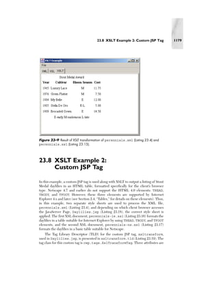 23.8 XSLT Example 2: Custom JSP Tag                1179




Figure 23–9 Result of XSLT transformation of perennials.xml (Listing 23.4) and
perennials.xsl (Listing 23.15).




23.8 XSLT Example 2:
     Custom JSP Tag

In this example, a custom JSP tag is used along with XSLT to output a listing of Stout
Medal daylilies in an HTML table, formatted specifically for the client’s browser
type. Netscape 4.7 and earlier do not support the HTML 4.0 elements: THEAD,
TBODY, and TFOOT. However, these three elements are supported by Internet
Explorer 4.x and later (see Section 2.4, “Tables,” for details on these elements). Thus,
in this example, two separate style sheets are used to process the XML file,
perennials.xml (Listing 23.4), and depending on which client browser accesses
the JavaServer Page, Daylilies.jsp (Listing 23.18), the correct style sheet is
applied. The first XSL document, perennials-ie.xsl (Listing 23.16) formats the
daylilies in a table suitable for Internet Explorer by using THEAD, TBODY, and TFOOT
elements, and the second XSL document, perennials-ns.xsl (Listing 23.17)
formats the daylilies in a basic table suitable for Netscape.
    The Tag Library Descriptor (TLD) for the custom JSP tag, xsltransform,
used in Daylilies.jsp, is presented in xsltransform.tld (Listing 23.19). The
tag class for this custom tag is cwp.tags.XslTransformTag. Three attributes are
 