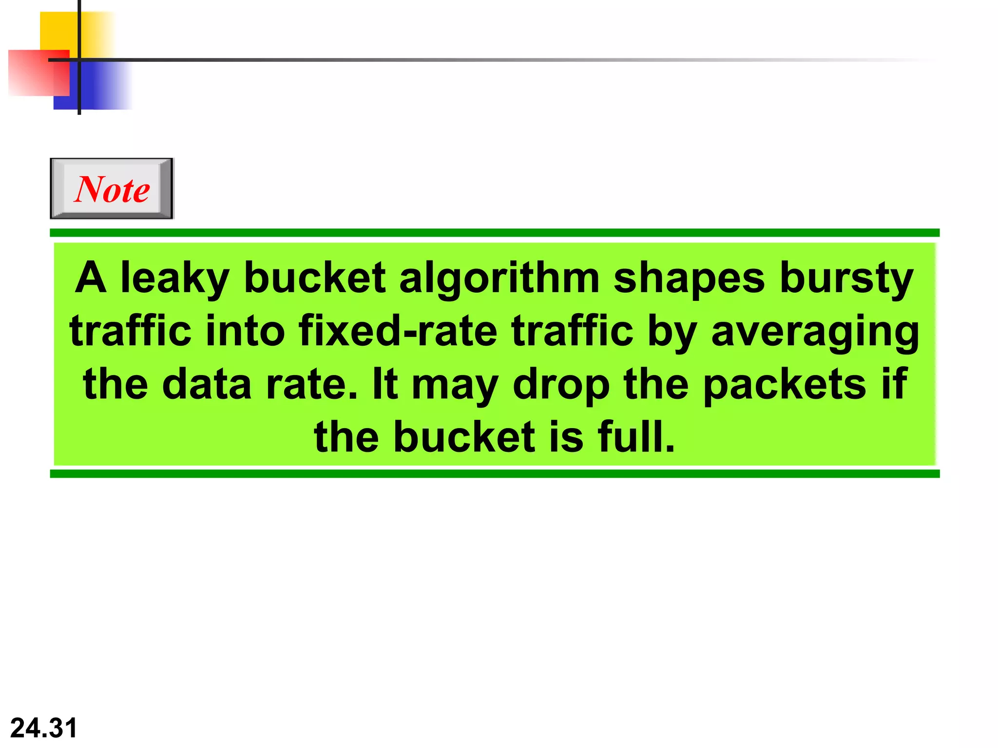 A leaky bucket algorithm shapes bursty traffic into fixed-rate traffic by averaging the data rate. It may drop the packets if the bucket is full. Note 