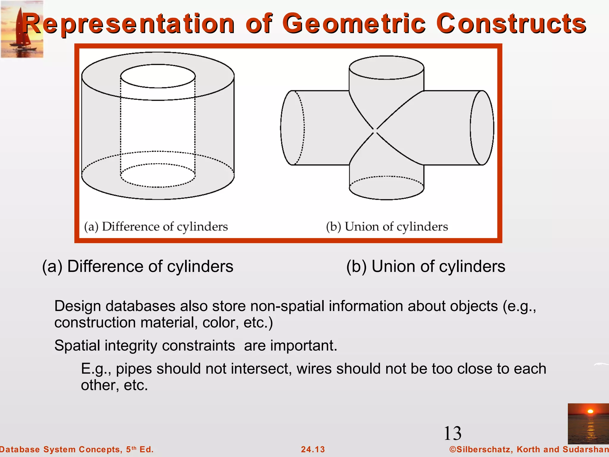 13
©Silberschatz, Korth and Sudarshan24.13Database System Concepts, 5th
Ed.
Representation of Geometric ConstructsRepresentation of Geometric Constructs
Design databases also store non-spatial information about objects (e.g.,
construction material, color, etc.)
Spatial integrity constraints are important.
E.g., pipes should not intersect, wires should not be too close to each
other, etc.
(a) Difference of cylinders (b) Union of cylinders
 