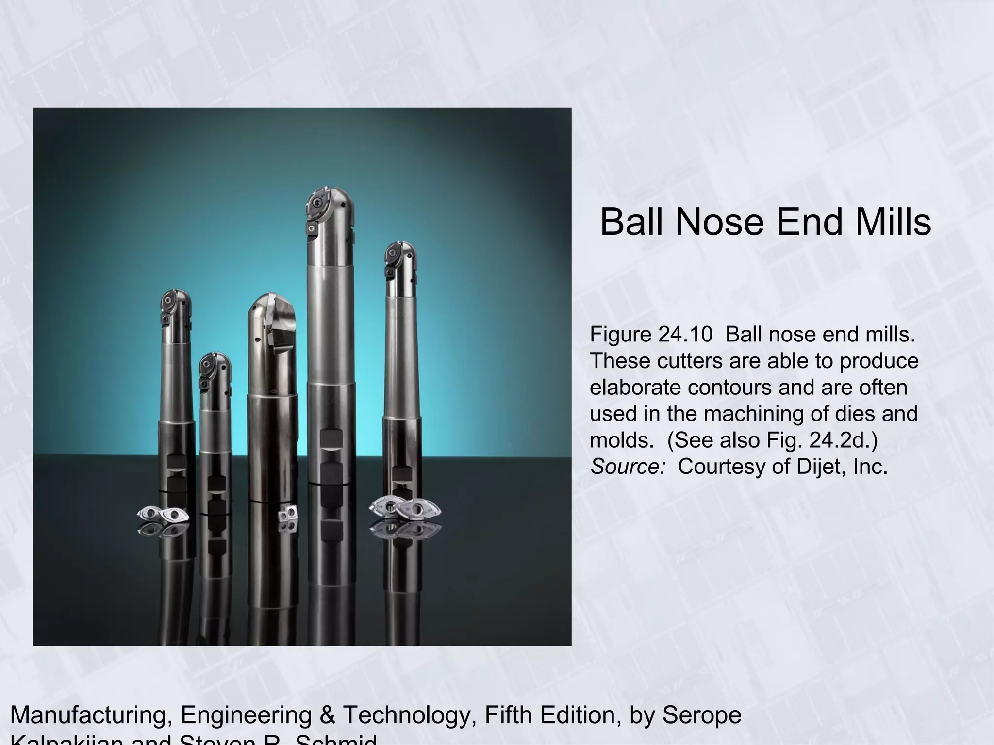 Manufacturing, Engineering & Technology, Fifth Edition, by Serope
Ball Nose End Mills
Figure 24.10 Ball nose end mills.
These cutters are able to produce
elaborate contours and are often
used in the machining of dies and
molds. (See also Fig. 24.2d.)
Source: Courtesy of Dijet, Inc.
 