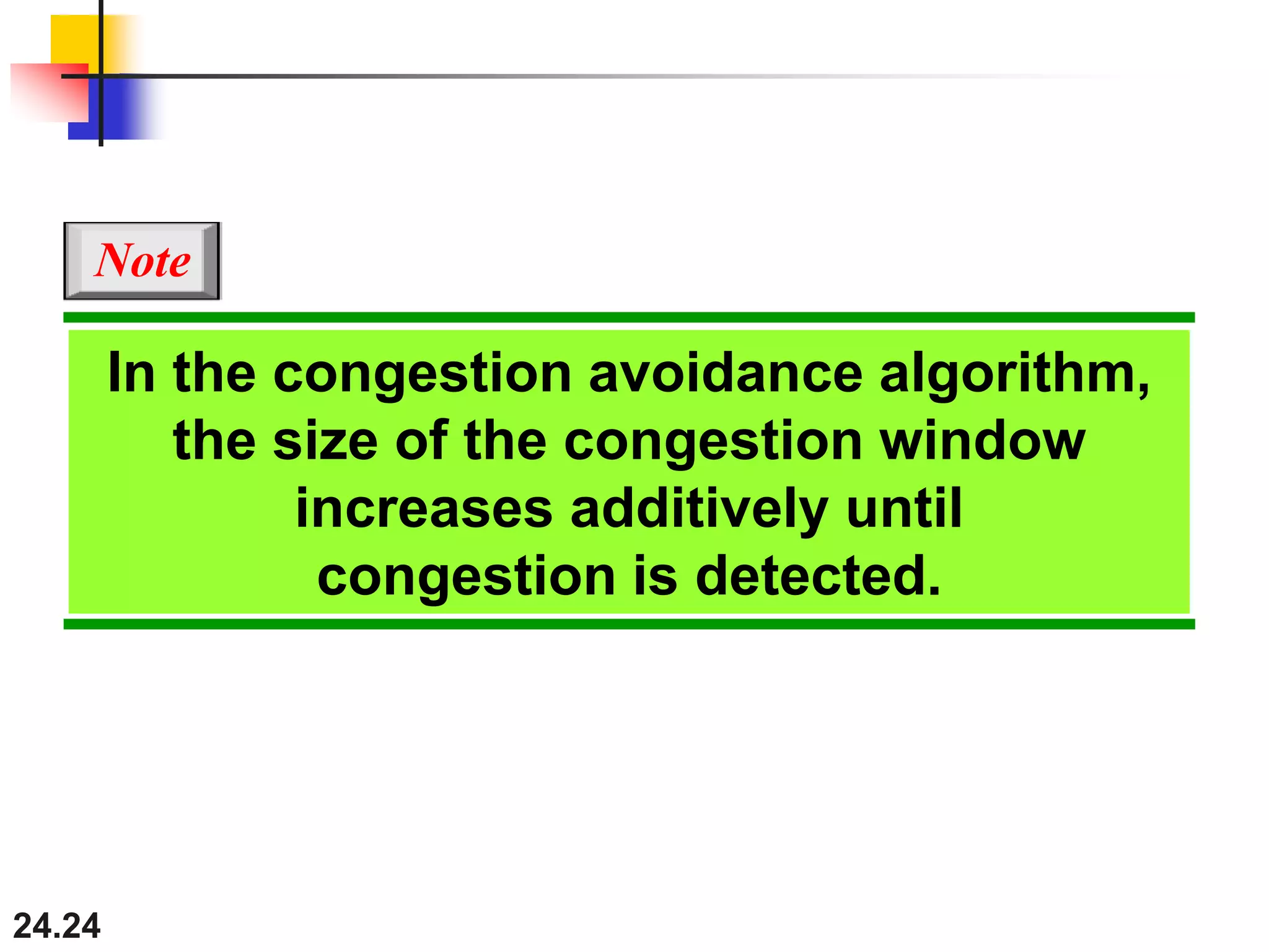 24.24
In the congestion avoidance algorithm,
the size of the congestion window
increases additively until
congestion is detected.
Note
 