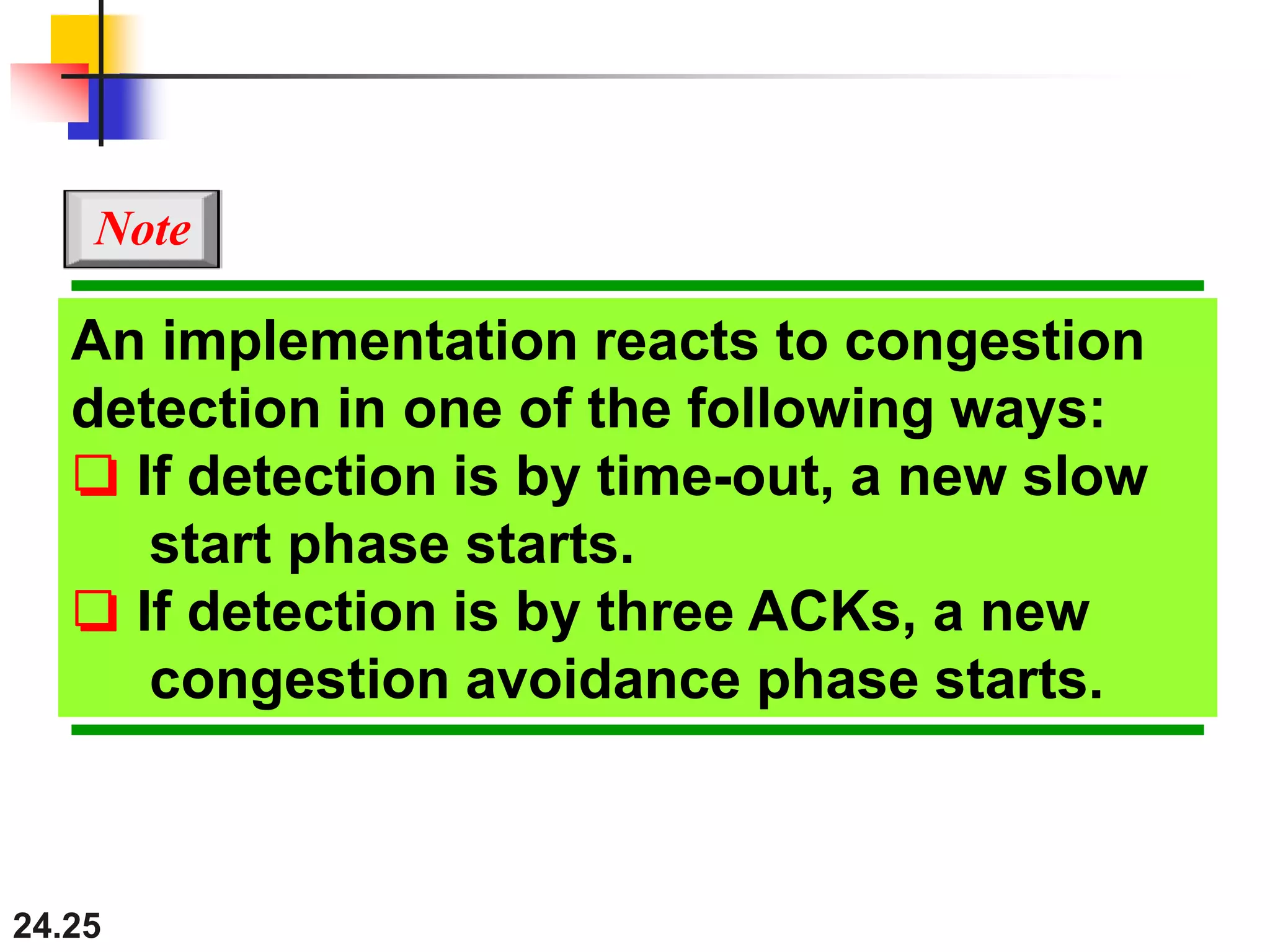 24.25
An implementation reacts to congestion
detection in one of the following ways:
❏ If detection is by time-out, a new slow
start phase starts.
❏ If detection is by three ACKs, a new
congestion avoidance phase starts.
Note
 