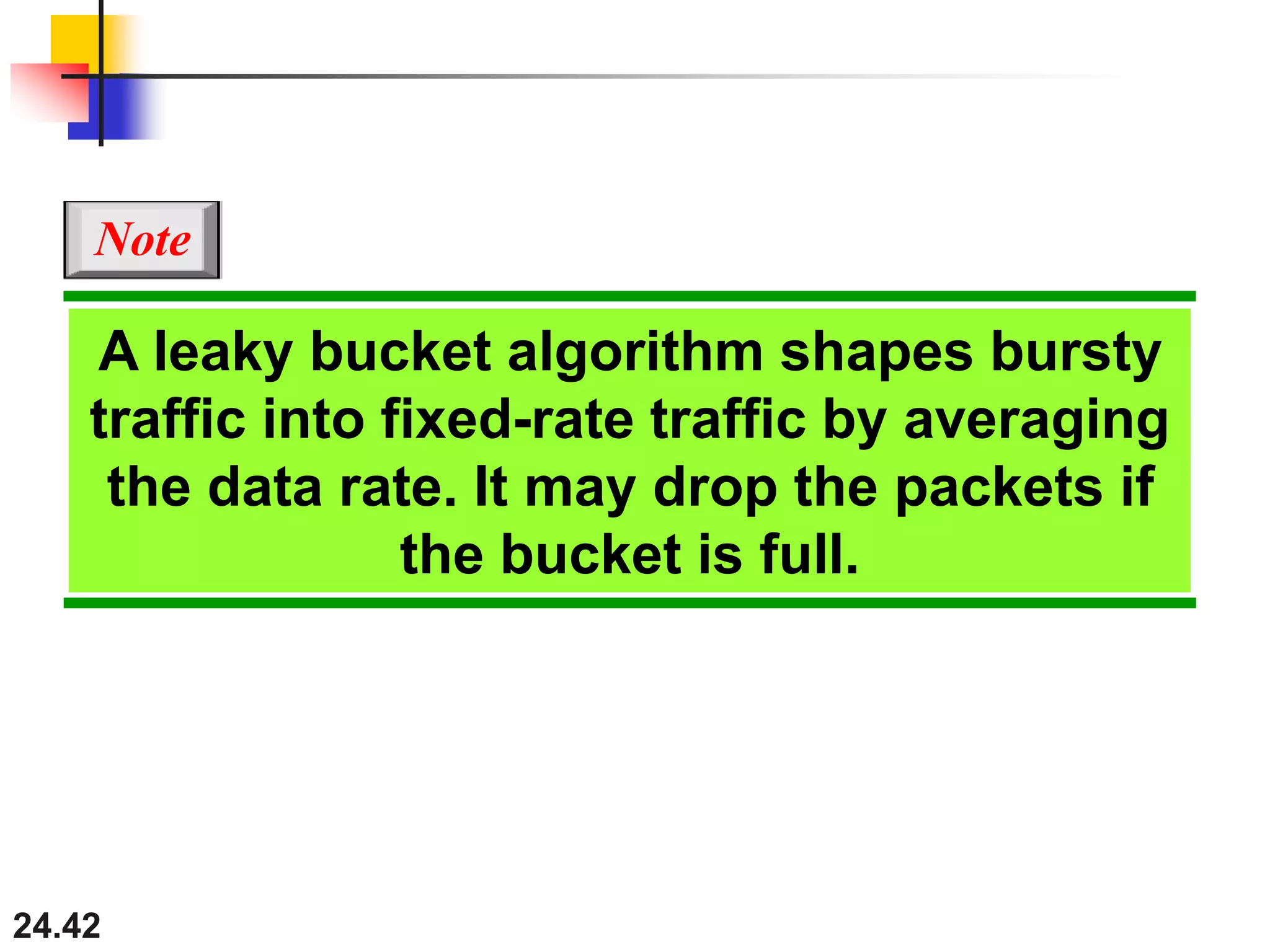 24.42
A leaky bucket algorithm shapes bursty
traffic into fixed-rate traffic by averaging
the data rate. It may drop the packets if
the bucket is full.
Note
 