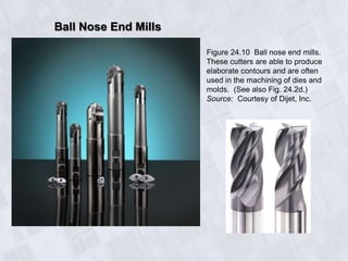 Ball Nose End Mills
Figure 24.10 Ball nose end mills.
These cutters are able to produce
elaborate contours and are often
used in the machining of dies and
molds. (See also Fig. 24.2d.)
Source: Courtesy of Dijet, Inc.
 