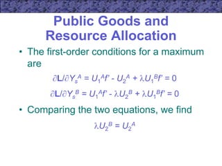 Public Goods and
Resource Allocation
• The first-order conditions for a maximum
are
L/Ys
A = U1
Af’ - U2
A + U1
Bf’ = 0
L/Ys
B = U1
Af’ - U2
B + U1
Bf’ = 0
• Comparing the two equations, we find
U2
B = U2
A
 