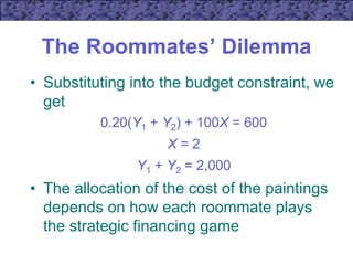 The Roommates’ Dilemma
• Substituting into the budget constraint, we
get
0.20(Y1 + Y2) + 100X = 600
X = 2
Y1 + Y2 = 2,000
• The allocation of the cost of the paintings
depends on how each roommate plays
the strategic financing game
 