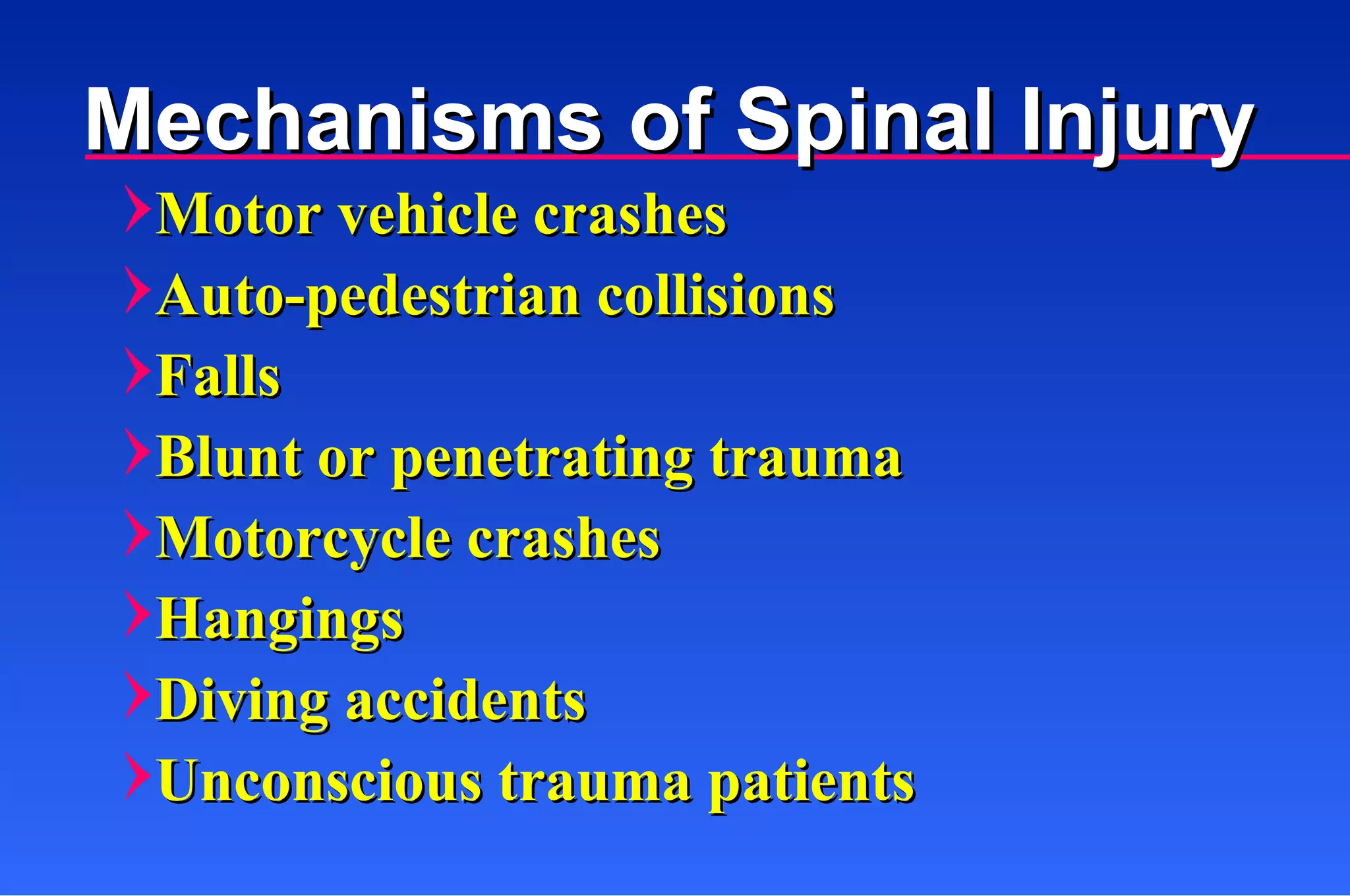 Motor vehicle crashes Auto-pedestrian collisions Falls Blunt or penetrating trauma Motorcycle crashes Hangings Diving accidents Unconscious trauma patients Mechanisms of Spinal Injury 
