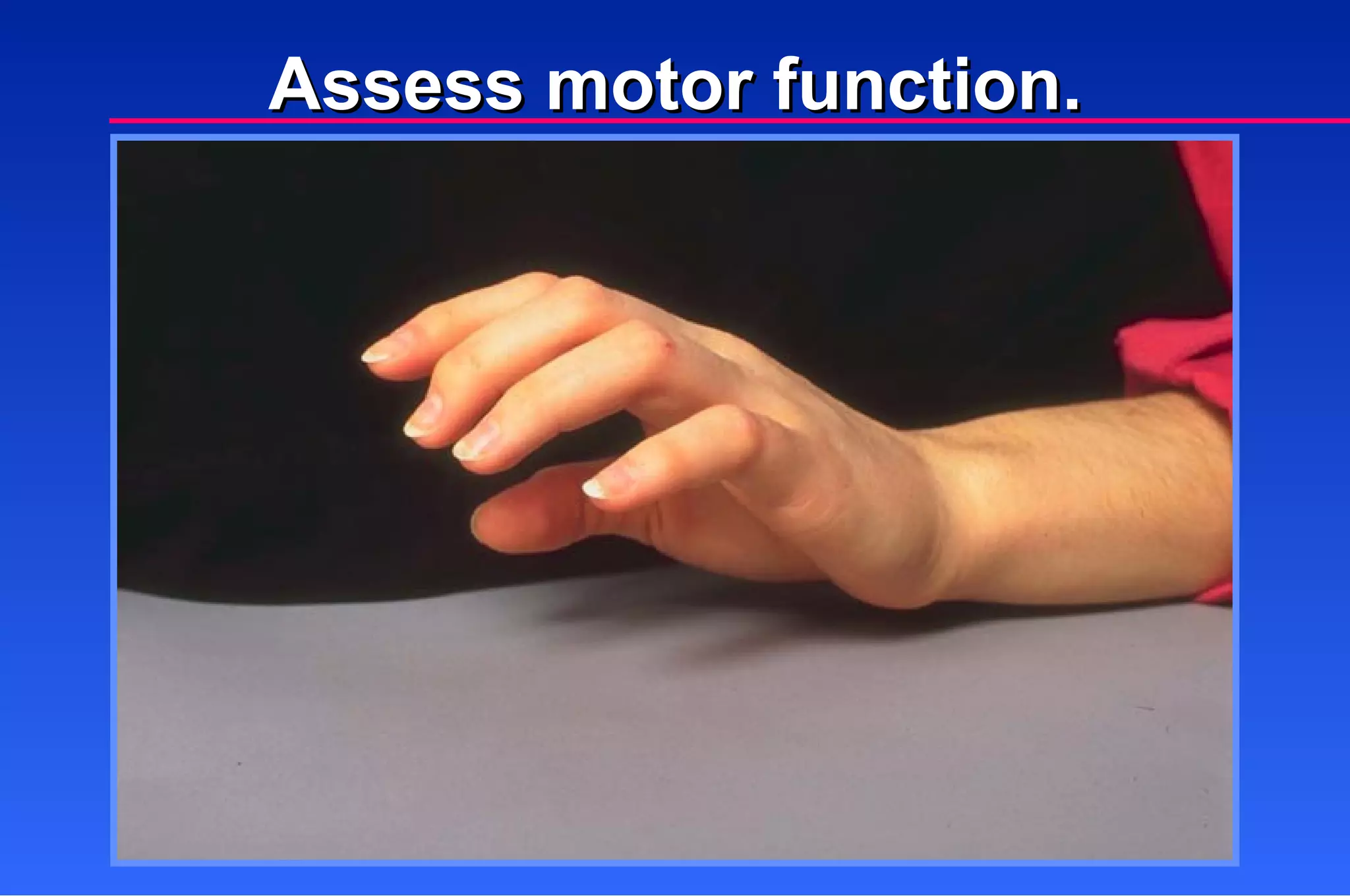 Assess motor function. 