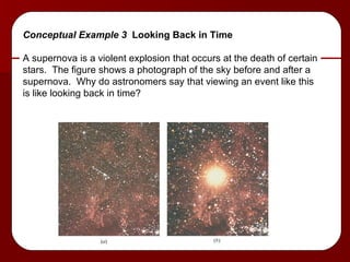 Conceptual Example 3  Looking Back in Time A supernova is a violent explosion that occurs at the death of certain stars.  The figure shows a photograph of the sky before and after a supernova.  Why do astronomers say that viewing an event like this is like looking back in time? 