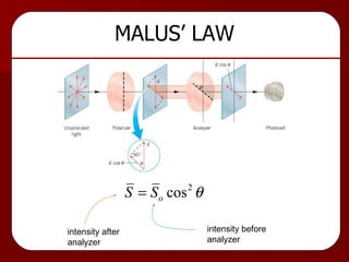 MALUS’ LAW intensity before analyzer intensity after analyzer 