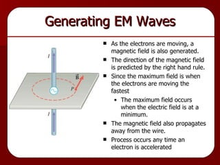 Generating EM Waves As the electrons are moving, a magnetic field is also generated. The direction of the magnetic field is predicted by the right hand rule. Since the maximum field is when the electrons are moving the fastest The maximum field occurs when the electric field is at a minimum. The magnetic field also propagates away from the wire. Process occurs any time an electron is accelerated 