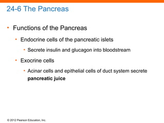© 2012 Pearson Education, Inc.
24-6 The Pancreas
• Functions of the Pancreas
• Endocrine cells of the pancreatic islets
• Secrete insulin and glucagon into bloodstream
• Exocrine cells
• Acinar cells and epithelial cells of duct system secrete
pancreatic juice
 